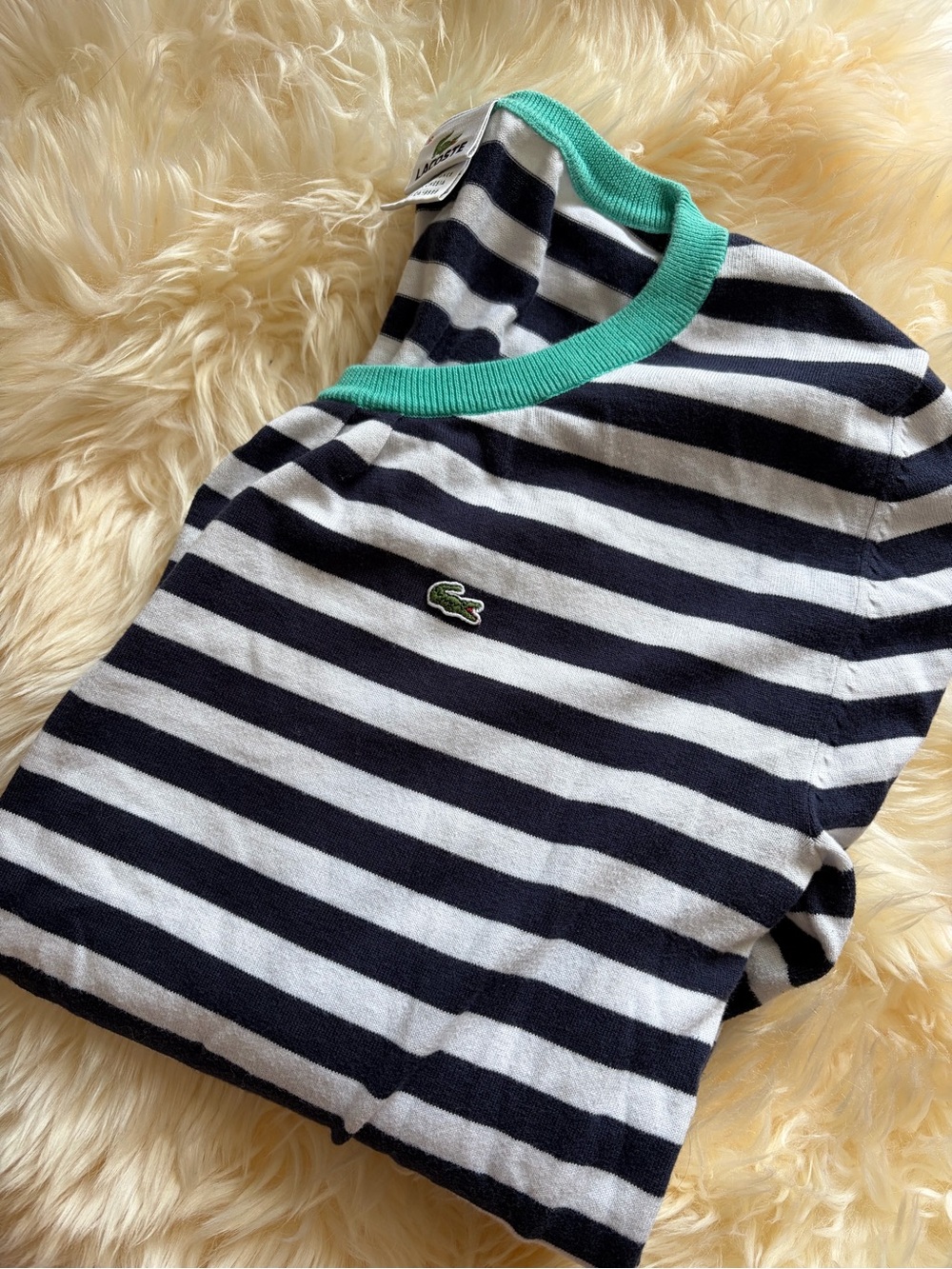 Lacoste Striped Knit Crewneck Long Sleeve Top Navy White Teal
